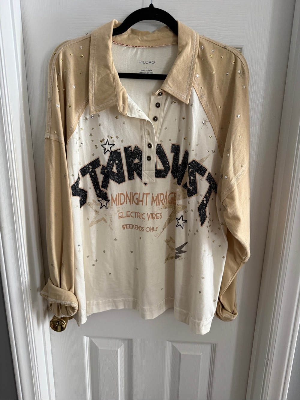 Pilcro Crewneck Polo with Cream Body and Tan Trim